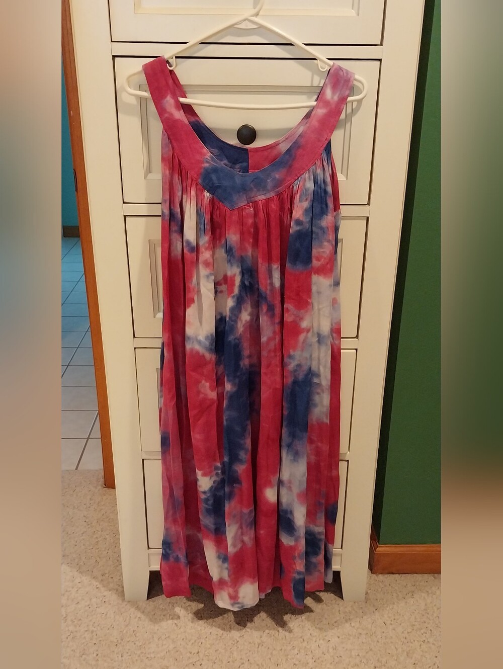 Tie-Dye Sleeveless Maxi Dress in Pink, Blue & White
